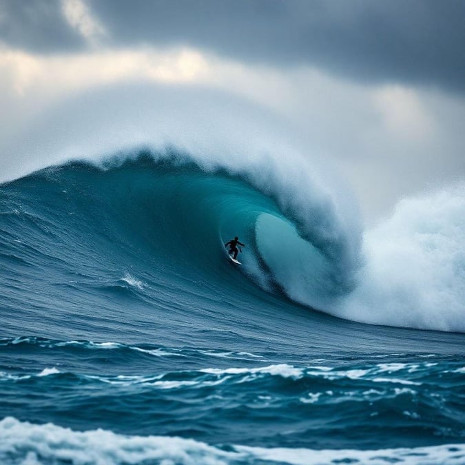 A thrilling scene at the ocean where a surfer is riding through a massive wave, showcasing their daring spirit and love for the sport.