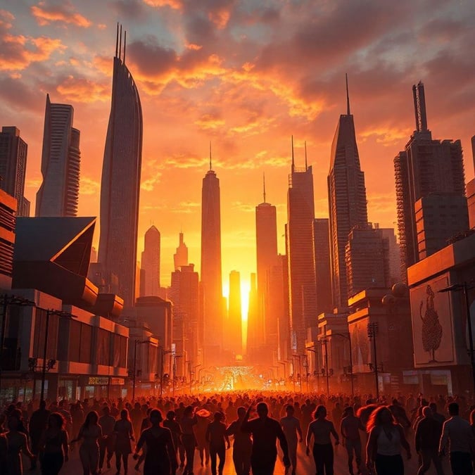 A stunning cityscape at sunset, with towering skyscrapers and a vibrant sky.