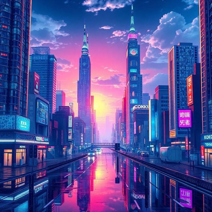 Experience the vibrant energy of Tokyo at sunrise, with towering skyscrapers and neon lights reflecting off the wet pavement. The city comes alive in this stunning anime-inspired scene.