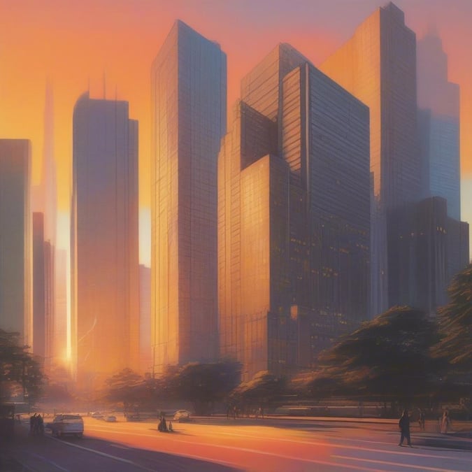 A vibrant urban skyline during the golden hour, with modern skyscrapers silhouetted against a warm orange sunset.