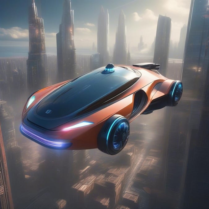 A vibrant orange futuristic car soaring over a city skyline, giving an impression of advanced technology and the future of transportation.