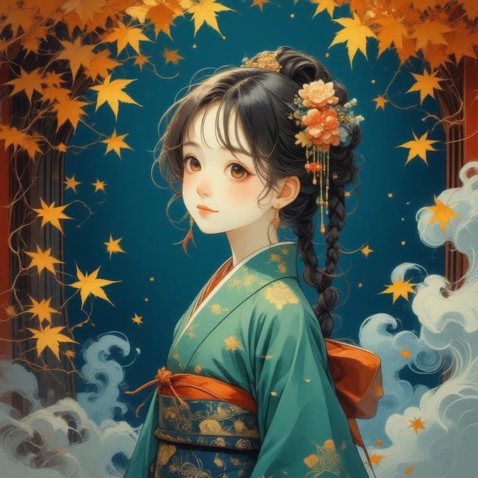 Enter into a world of captivating beauty where an anime girl stands amidst swirling autumn leaves, her face radiating elegance in a vibrant green kimono. The deep blue background enhances the mystical ambiance, blending elements of nature and technology to create a mesmerizing scene.