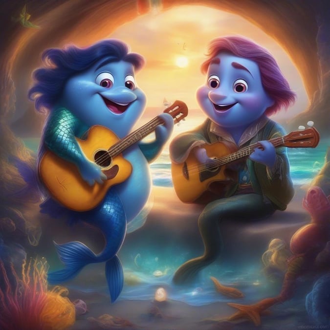 Friendly Disney characters enjoying their time together, possibly sharing the joy of music in an oceanic setting.