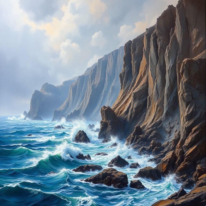 A tranquil ocean scene with rugged cliffs and mist rising from the waters, evoking a sense of serene solitude.