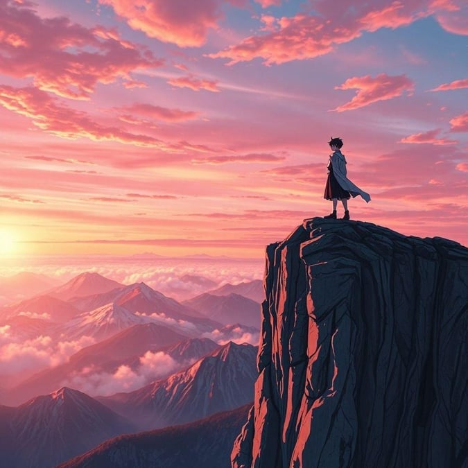 A captivating anime image featuring a lone figure standing on a cliff, gazing out at the breathtaking Japanese Alps landscape under a vibrant pink and orange sky.