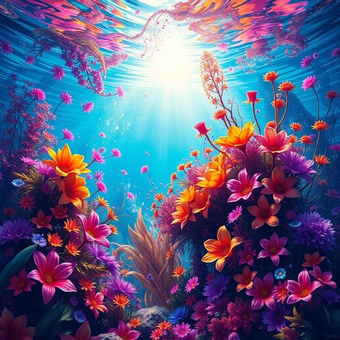 This stunning wallpaper features a breathtaking underwater scene, teeming with a kaleidoscope of colorful flowers. The vibrant hues of pink, orange, yellow, and purple create a visually striking contrast against the deep blue water, while the sunlight filtering through the surface adds a sense of depth and dimensionality to the image.