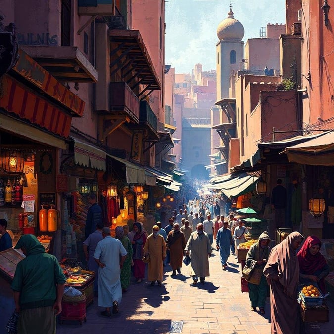 Wander through the vibrant streets of a bustling Moroccan medina, where locals and travelers alike enjoy the hustle and bustle of market life. From fresh produce to handmade crafts, it's a feast for the senses in this lively scene.