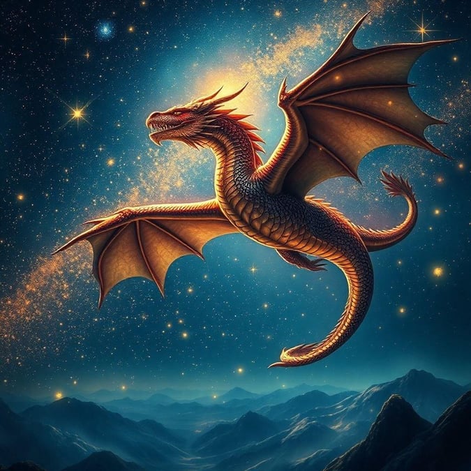 This fantasy wallpaper features a majestic dragon soaring through a starry night sky, set against a backdrop of rolling hills and mountains. The dragon's scales glisten in the moonlight, and its wings are spread wide as it glides effortlessly through the air.