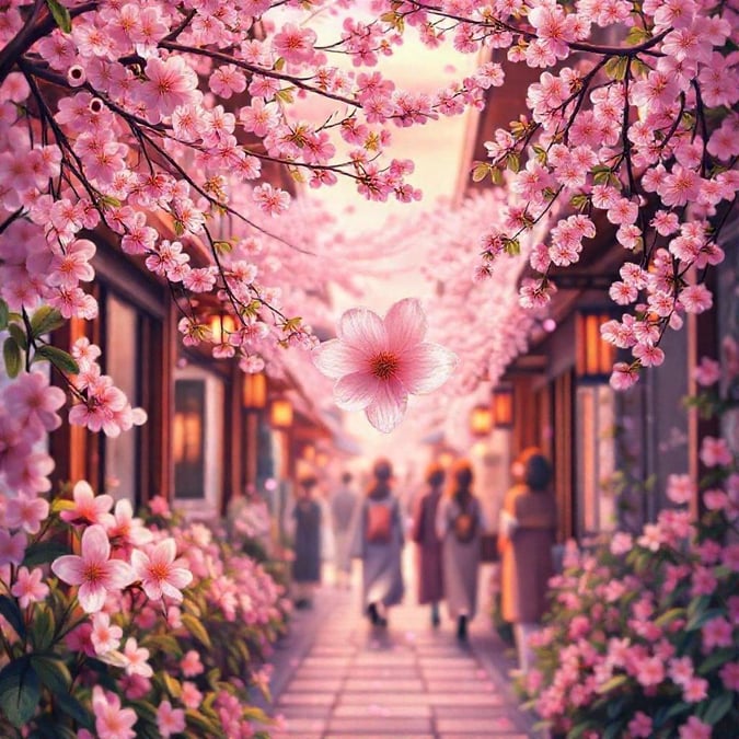 En livlig japansk gränd som myllrar av aktivitet. Bland körsbärsblommorna och den fantasifulla floran ger en dold blommande geisha-blomma en touch av förtrollning till denna animerade scen.