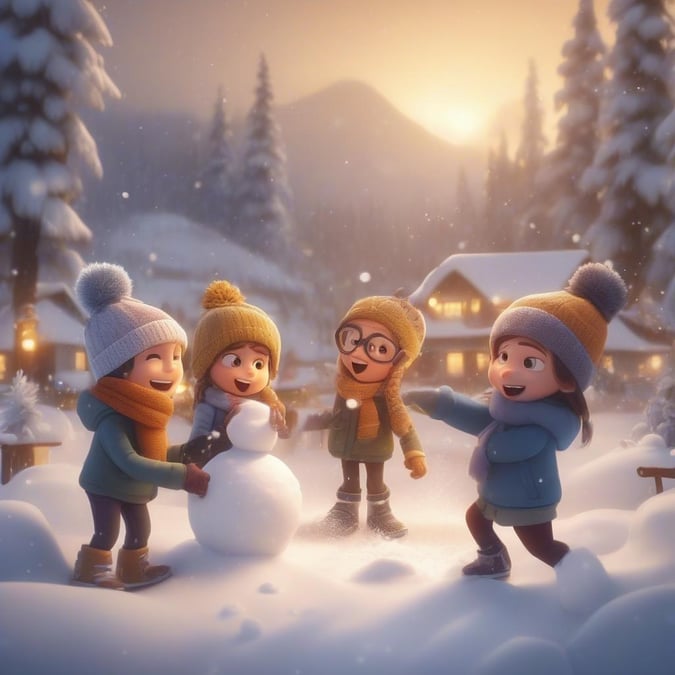 Three adorable cartoon characters enjoying a winter night by building snowmen. This festive image is perfect for your desktop or mobile device.