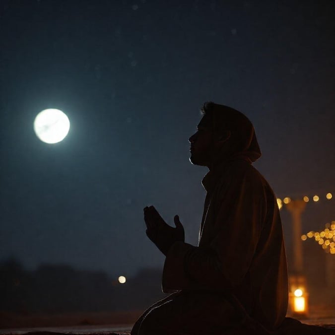 A person kneeling in prayer under the night sky, illuminated by a crescent moon. A warm and serene depiction of faith during this sacred Islamic month.