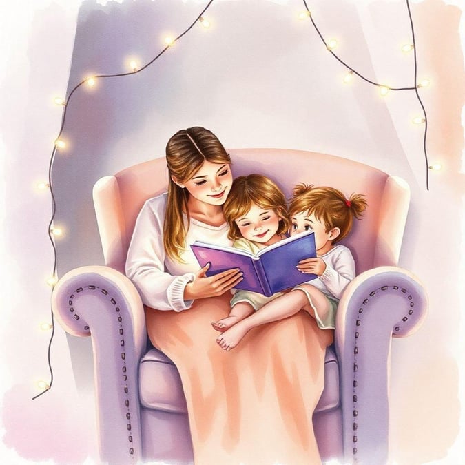 A heartwarming scene of a mother reading to her children on Mother's Day, with soft lighting and a cozy atmosphere.