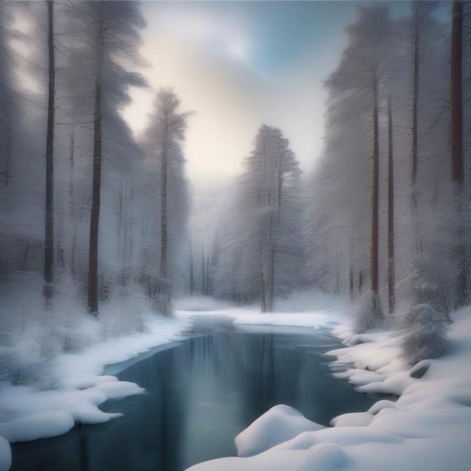 A serene winter landscape featuring a frozen river surrounded by snow-covered trees, with a hint of morning light peeking through.