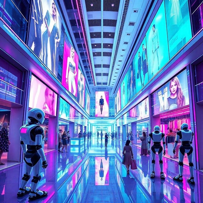 In this vibrant digital age, shopping malls take on a new futuristic look with robotic assistants and large screens displaying the latest fashion trends. The glowing signs, neon lights, and high-tech ambiance make for a visually appealing scene that merges the worlds of technology and style.