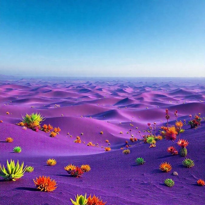 This sci-fi landscape wallpaper features a stunning desert scene with purple sand and vibrant flowers, creating a unique and captivating visual experience.