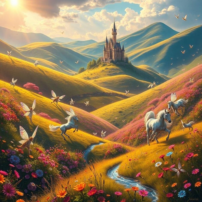 This image is a beautiful fantasy landscape with unicorns, fairies, and a castle in the background. The landscape is full of vibrant colors and has a magical feel to it.