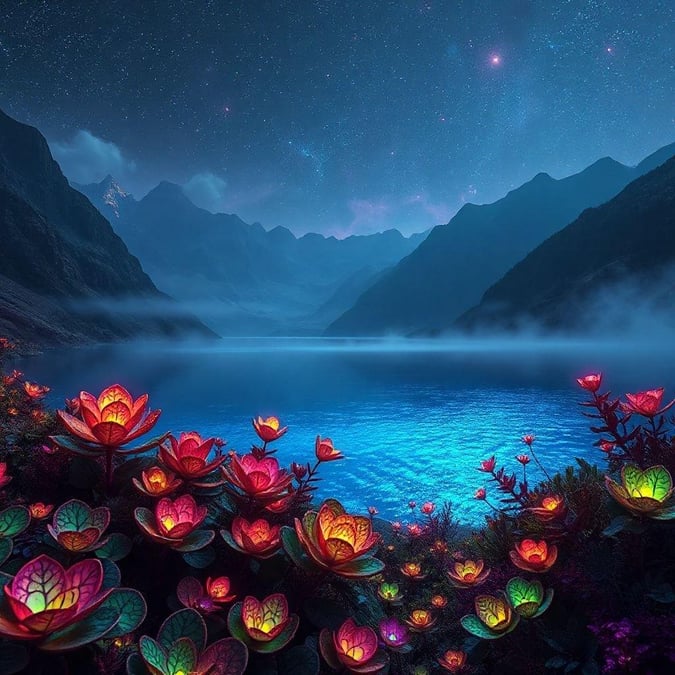 This captivating sci-fi landscape wallpaper features a serene lake surrounded by majestic mountains, illuminated by an array of glowing flowers. The vibrant colors and ethereal lighting create a sense of wonder and enchantment, making this image perfect for desktop and mobile use.