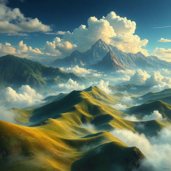 A fantasy landscape wallpaper featuring a majestic mountain range with a cloudy sky, perfect for desktop and mobile use.