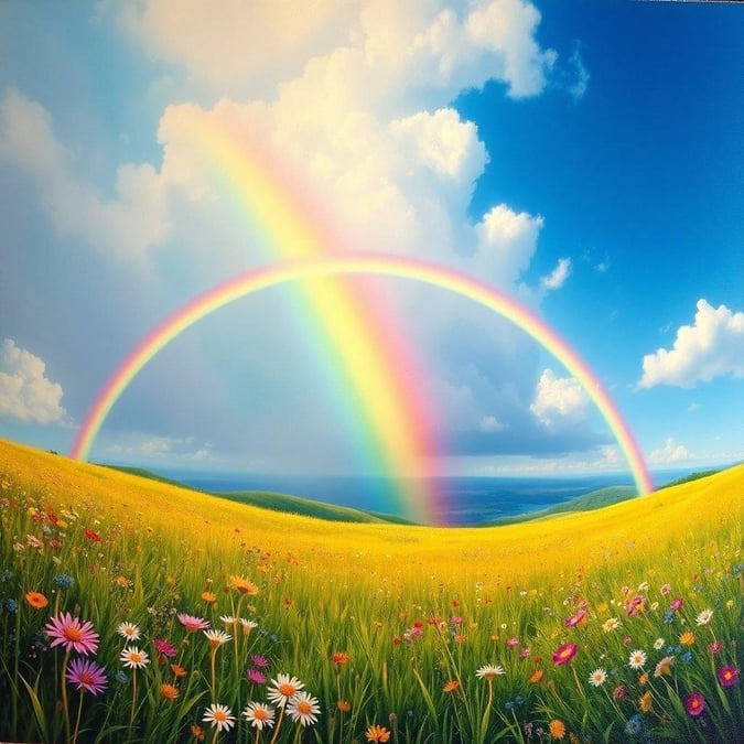 This wallpaper features a stunning rainbow over a field of flowers, creating a breathtaking scene that is perfect for any desktop or mobile device.