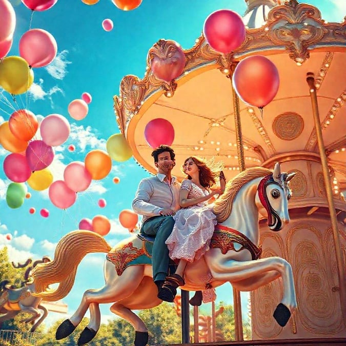 A man and woman share a romantic ride in a beautiful wedding carriage, surrounded by an enchanting atmosphere.