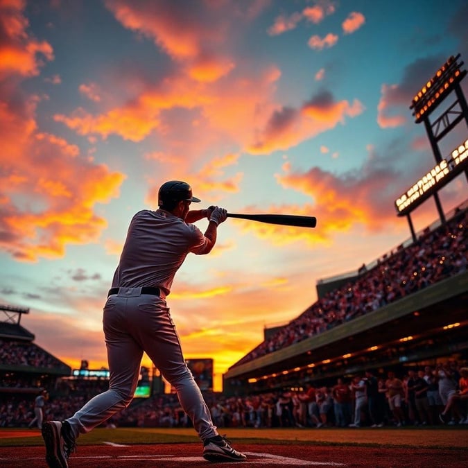 A dynamic image of a baseball player in mid-swing, set against a vibrant sky with clouds.