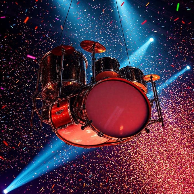 This image features a drum set suspended from the ceiling, surrounded by a mesmerizing display of confetti and stage lights. The drum set, comprising a bass drum, snare drum, and cymbals, is the focal point of the image, with the surrounding elements adding to the dynamic and energetic atmosphere.