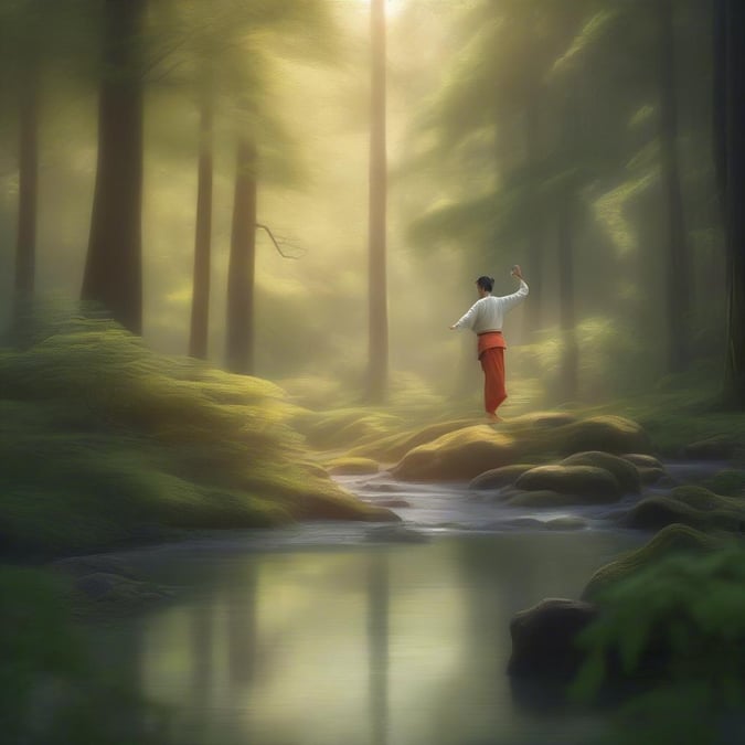 A tranquil scene where a person practices yoga in the heart of a misty forest, embodying the calmness of nature and the peacefulness of mindfulness.