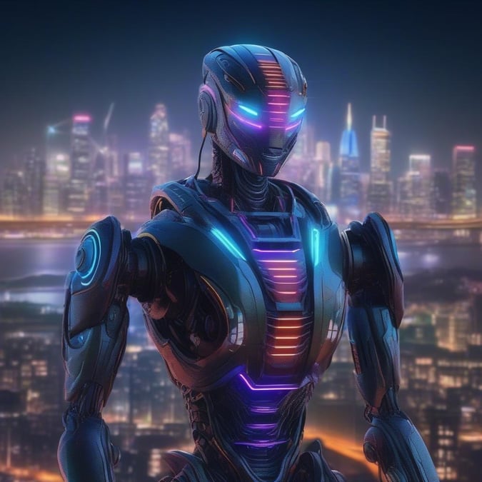 A futuristic robotic warrior stands tall against the backdrop of a neon-lit city skyline, ready for battle.