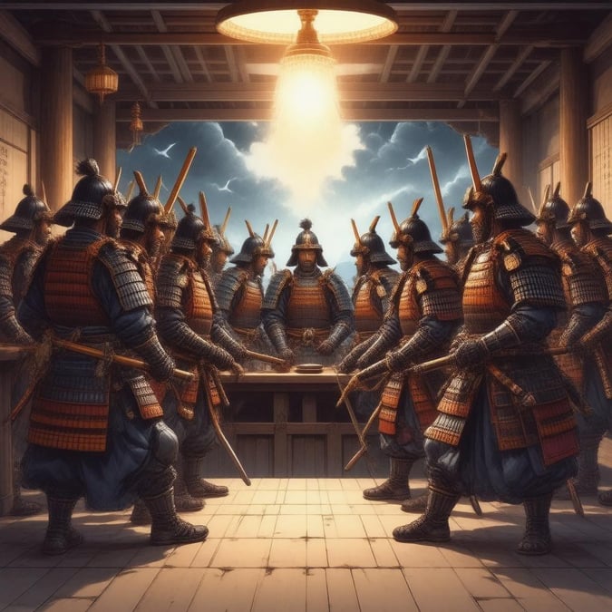 This captivating anime-style illustration showcases a group of samurai warriors gathered around a bar, exuding a sense of camaraderie and tradition. The warm glow of the scene highlights the vibrant colors of the warriors' attire, creating a striking contrast against the dark background.