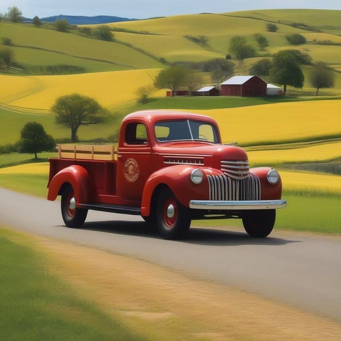 This classic red truck wallpaper is perfect for car enthusiasts and those who love vintage vehicles. The image features a beautifully restored 1947 International Harvester pickup truck driving down a winding road, surrounded by rolling hills and fields of yellow flowers. The truck's bright red color and chrome accents make it stand out against the natural backdrop, creating a stunning visual effect.