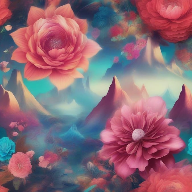 A surreal, dreamy landscape blooms with vibrant roses and other flowers amidst mystical mountains. This wallpaper is a stunning floral display that brings an enchanting garden to your desktop.