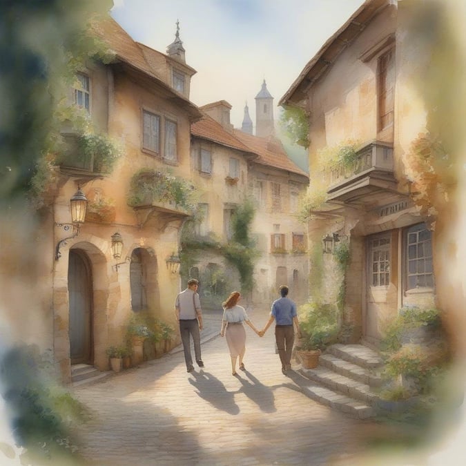 A romantic stroll through a charming European village, capturing the essence of a wedding or anniversary celebration.