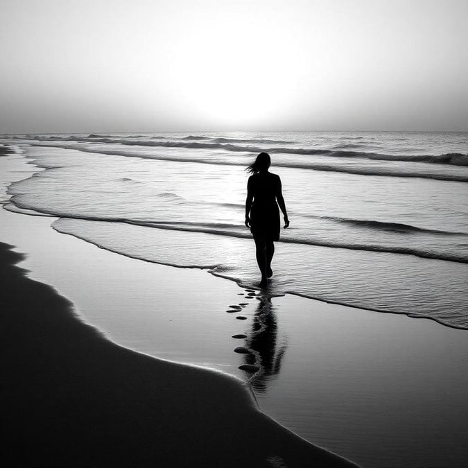 A tranquil scene on the beach, with footprints following the receding tide. A solitary figure walking towards the horizon, contemplating the passing day.