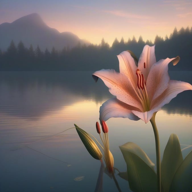 A tranquil scene as the day fades, with a single lilac in bloom standing out against a serene lake surrounded by trees. Perfect for those quiet moments.