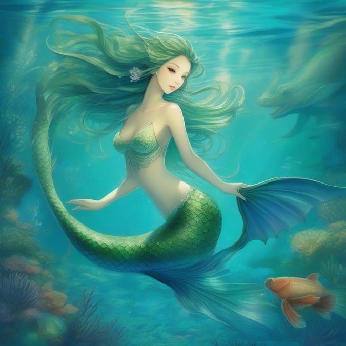 A captivating image of a beautiful mermaid gracefully swimming through an underwater world, with the presence of a majestic dragon in the background. The serene blue and green colors of the water create a tranquil atmosphere, while the tilted head of the dragon adds a sense of scale to the scene.