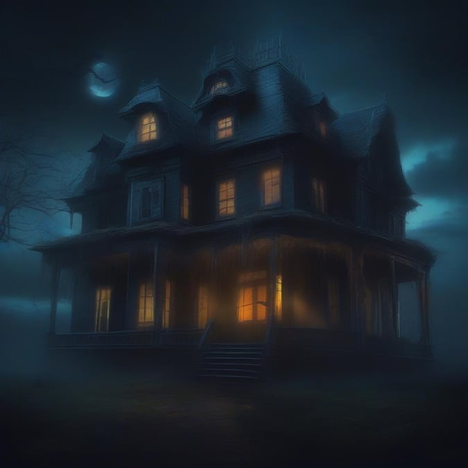 This mysterious, two-story mansion is bathed in the eerie glow of its lit windows. Surrounded by fog and trees with bare branches, it stands as a classic symbol of Halloween intrigue.