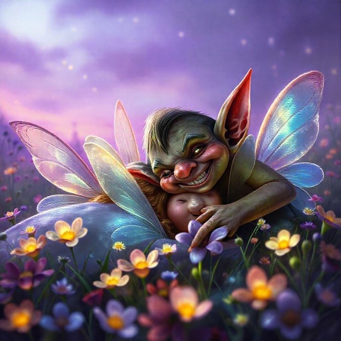 This enchanting digital illustration captures the tender bond between a mother faerie and her newborn in a mystical forest setting. The rich colors of the flowers and the soft glow of the evening sky add to the magical atmosphere.