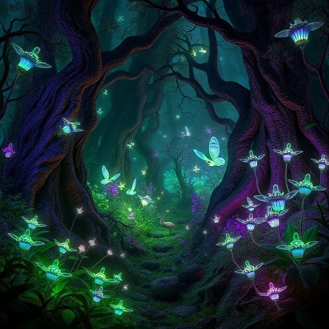 Step into a mystical forest where fairies light the path with their glowing wings. The vibrant colors and otherworldly atmosphere evoke a sense of magic and wonder.