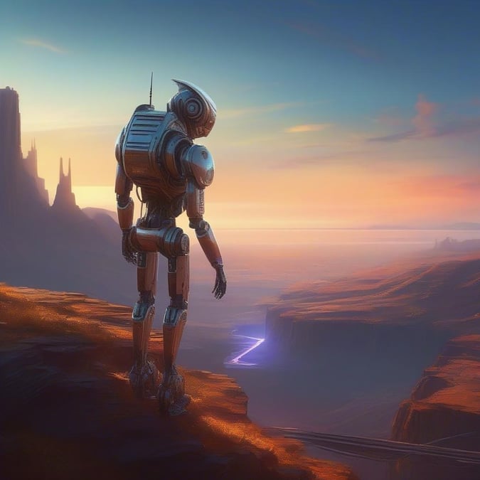 A robot stands on a cliff, gazing out at a breathtaking sunset over a vast, open landscape.