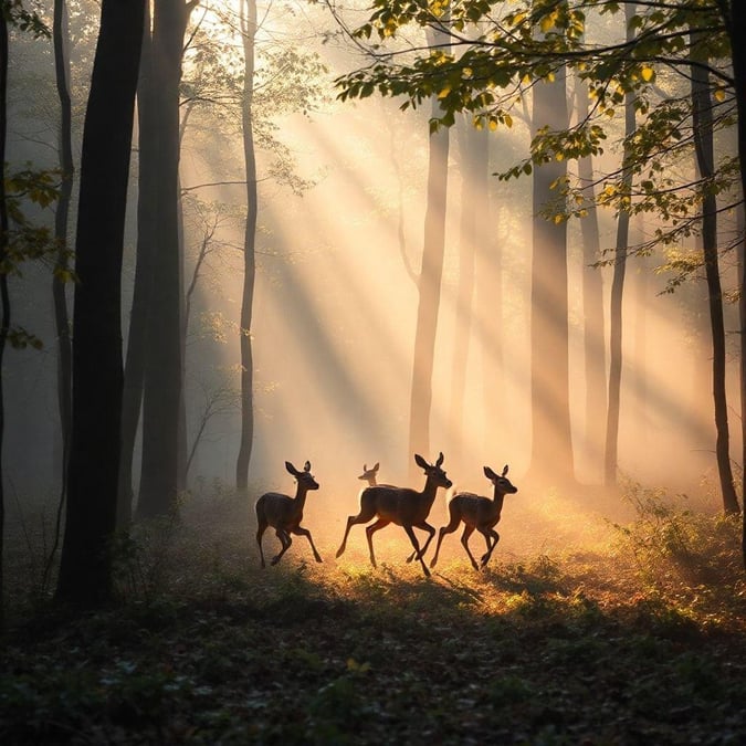 This serene image captures a group of deer roaming freely in a misty forest, surrounded by towering trees and lush greenery. The soft light filtering through the trees creates a peaceful atmosphere, inviting the viewer to step into the tranquil world of these gentle creatures.