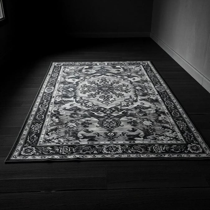 A classic floral pattern rug on a wooden floor, basking in soft light. The monochrome palette adds a touch of elegance to any room.