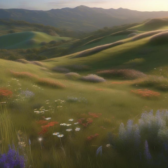 This stunning panorama captures the essence of a serene landscape, where rolling hills meet the horizon under a soft glow of a setting sun. The vibrant colors and detailed 3D art bring this idyllic scene to life, making it an ideal wallpaper for desktop and mobile screens.