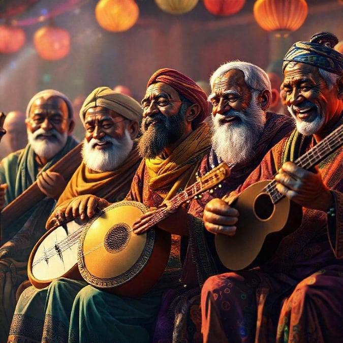 A group of wise, bearded sages gather to play traditional instruments in a festive celebration. Father's Day theme.