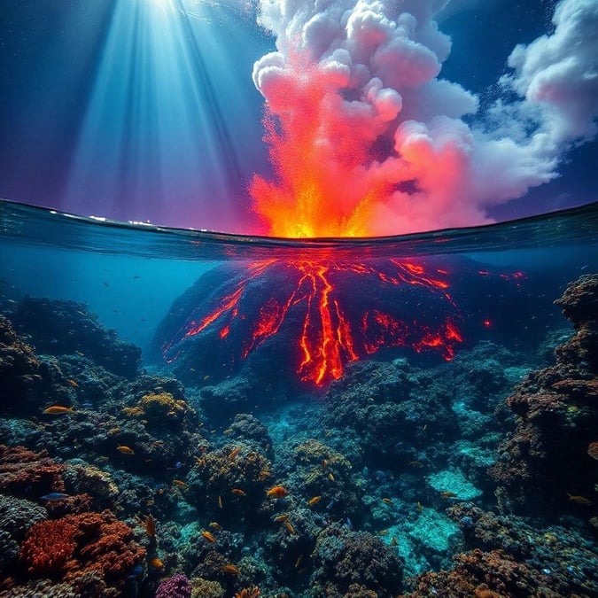 This stunning image captures the raw power of nature as a volcano erupts beneath the ocean's surface. The vibrant colors and intense energy of the eruption create a breathtaking scene that is both awe-inspiring and humbling.