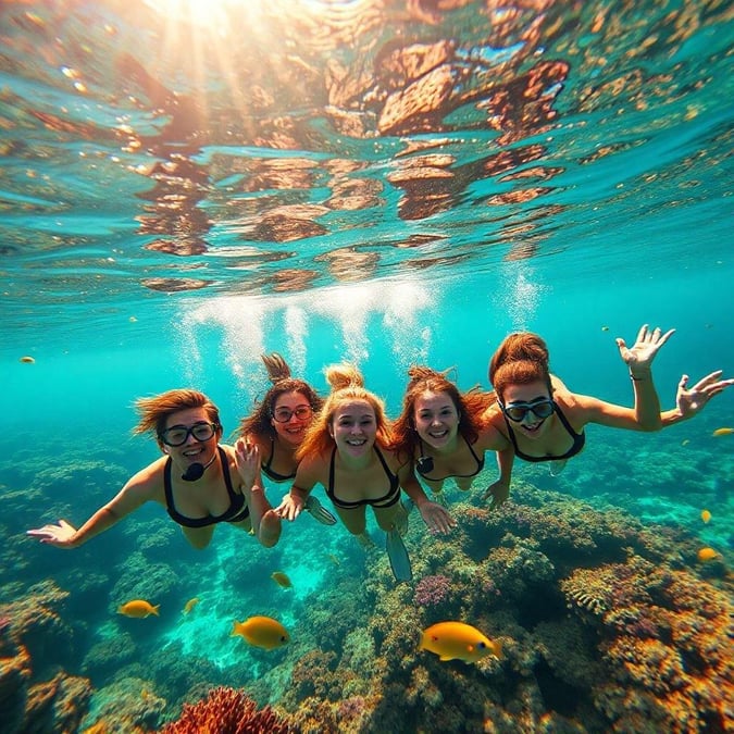 Four women snorkeling in the ocean, surrounded by coral and fish, enjoying a fun day at the beach.