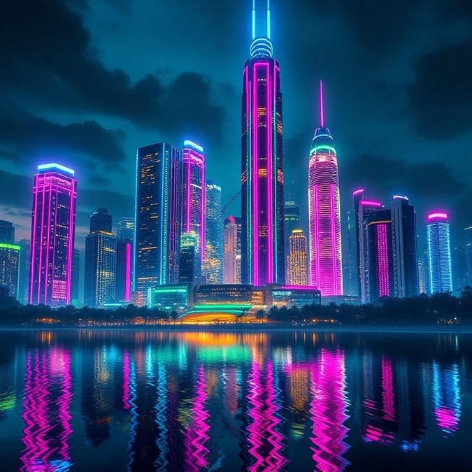 A vibrant city skyline glowing with neon lights against a night sky. The buildings are illuminated in pink, blue, and purple hues, reflecting off the calm water of a river.