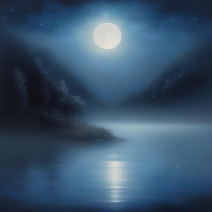 A tranquil, mysterious scene where the moon hangs low over a misty forest on the edge of a serene body of water.