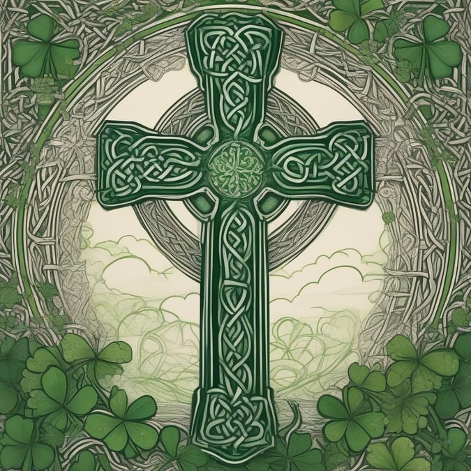 Celebrate St. Patrick's Day with a festive wallpaper featuring the iconic Irish cross surrounded by lucky four-leaf clovers.