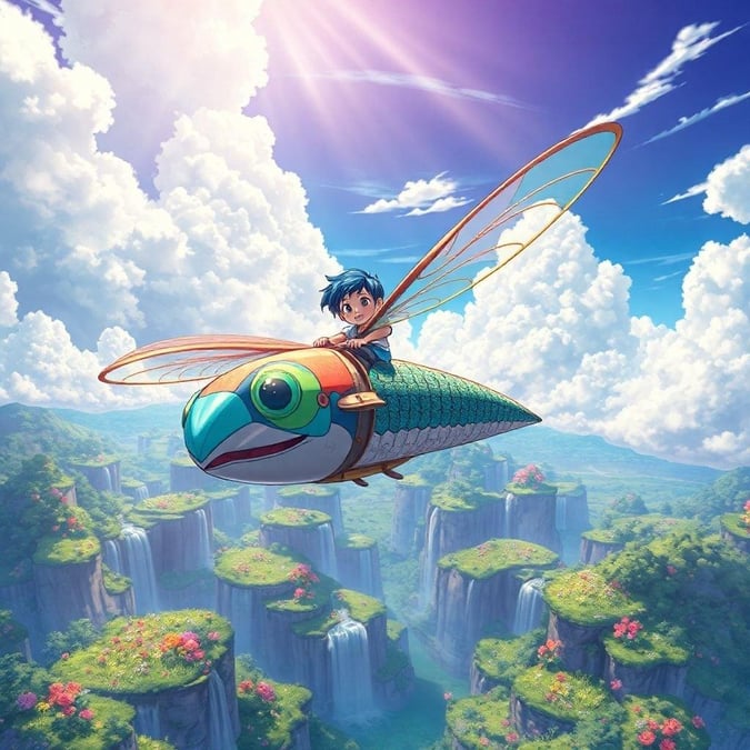 Experience the magic of anime in this captivating fantasy landscape, where a young boy rides a dragonfly-shaped airship above a breathtaking vista of floating islands.