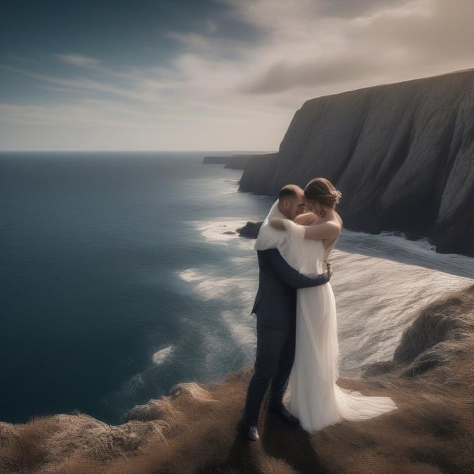 A newlywed couple embraces each other on a cliff overlooking the ocean, capturing their joyful beginning together as they celebrate life's new chapter.